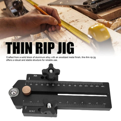 Thin Tear Jig For Table Saw Aluminum Woodworking Tool With Adjustable Sliding Tenon Fits 3/8x3/4 Inch T Slot Displayed on Table