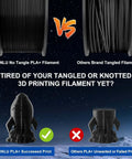 Comparison of untangled SUNLU PLA+ filament and tangled others, illustrating successful vs failed 3D print results.