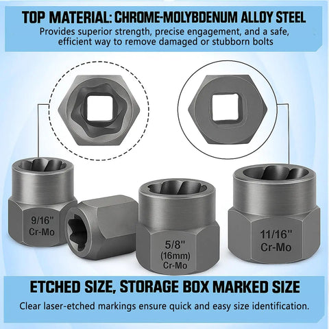 Professional 14 Piece Bolt Extractor Set For Removing Damaged And Rounded Off Bolts And Nuts With Three Eighths Inch Drive, Impact Grade Chrome Molybdenum Steel, Case Included, Beefy Heavy Duty Auto Shop Tools Fathers Day Gift showing chrome-molybdenum steel extractors with etched sizes.