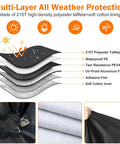 Illustration showing layers of the Waterproof Hammock Cover For 11 To 12 Ft Hammock Stands With Windproof Straps And Soft Cotton Lining All Weather UV Dust Snow Protection 210T Durable Rain Guard For 11 To 12 Foot Setups, highlighting material composition and protection features.