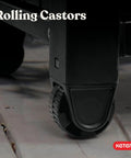 Close-up of rolling castors on Wood Look Outdoor Entertainment Cart With 78 Gallon Storage, Stainless Steel Top For BBQ Prep.