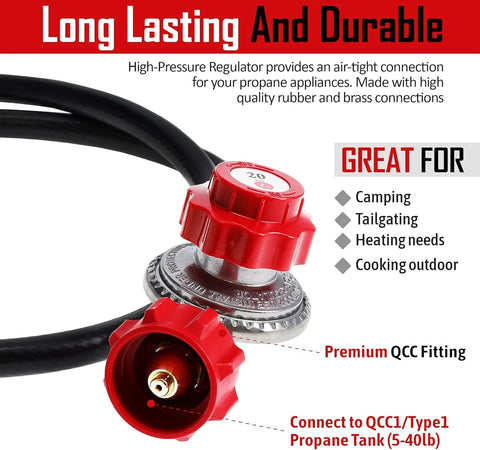 GasOne 2109-RED high-pressure propane regulator with red QCC-1 hose, 4 ft long