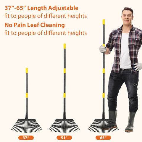Heavy Duty Leaf Rake For Lawns With Back Saving Long Handle 65 Inch Gardening Rake With 18.5 Inch Wide Head And 25 Tines For Quick Yard Cleanup Anti Rust Steel Construction shown with adjustable handle sizes 37, 51, and 65 inches.