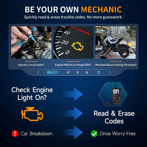 Infographic of 2-In-1 OBD2 Scanner For Cars And Motorcycles With Live Data, showing engine, faults, and diagnostic screen.
