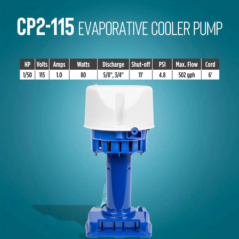 Front view of Evaporative Cooler Pump 1/50 HP 115V 502 GPH With 6 Ft Cord And 3 Prong Plug Blue For Swamp Coolers And Water Baths