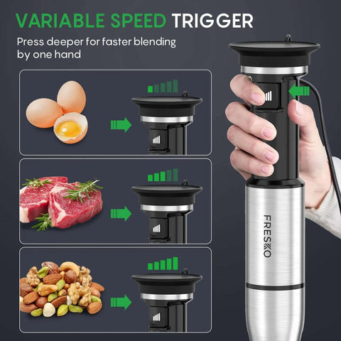 Top Tier Four In One Immersion Hand Blender With Variable Speed Trigger showing speed settings for blending eggs, meat, and nuts.