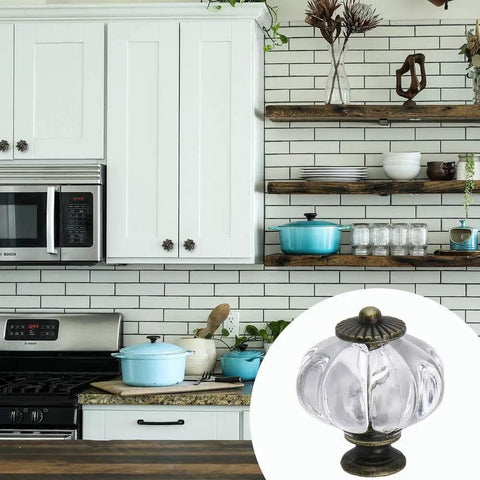 Clear Acrylic Pumpkin Cabinet Knobs Set Of 10 Dope Vintage Decorative Drawer Pull Handles in a modern kitchen setting
