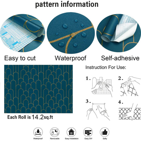 Blue Gold Peel and Stick Wallpaper Geometric Stripe Pattern Removable Self Adhesive Vinyl For Walls Easy Cut Grid Backing Waterproof Bedroom Decor 17.3 by 118 Inches pattern details