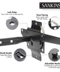 Diagram of Beefy Self Locking Gate Latch for Wood and PVC Fences highlighting lock holes, smart spring, buckle, and adjustable mechanism.