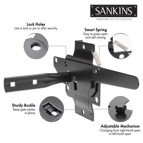 Diagram of Beefy Self Locking Gate Latch for Wood and PVC Fences highlighting lock holes, smart spring, buckle, and adjustable mechanism.