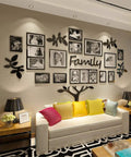 Family Tree Wall Decal Kit With 3D Picture Frame Collage, DIY Stickers, and bold family portrait display above a living room sofa.