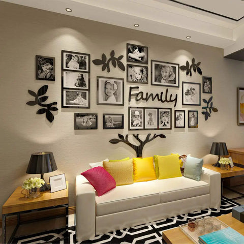 Family Tree Wall Decal Kit With 3D Picture Frame Collage, DIY Stickers, and bold family portrait display above a living room sofa.