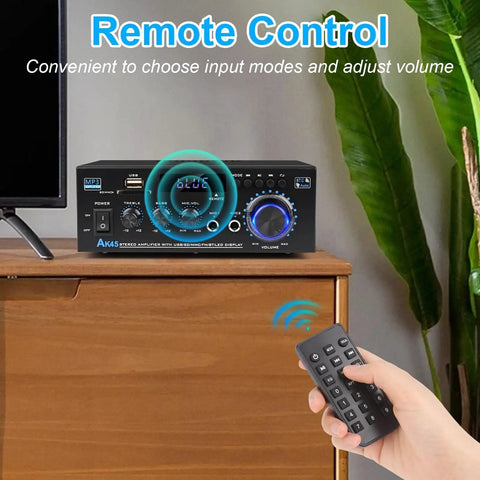 Dope 400W Bluetooth Stereo Amplifier For Home Audio System with remote control displayed on shelf