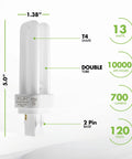 13 Watt Double Tube CFL Light Bulb G24Q-1 4 Pin Base 2700K Warm White 900 Lumens Great Longevity With 12000 Hour Life Energy Saving Replacement For Common 13W 4 Pin CFL Fixtures Pack Of 4 Bulbs shown with dimensions and features.