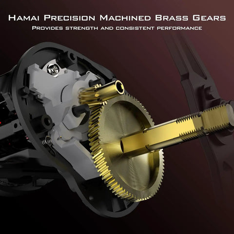 Close-up of brass gears in Brutus Baitcasting Fishing Reel With Graphite Frame And 7.2 To 1 Gear, showcasing internal components