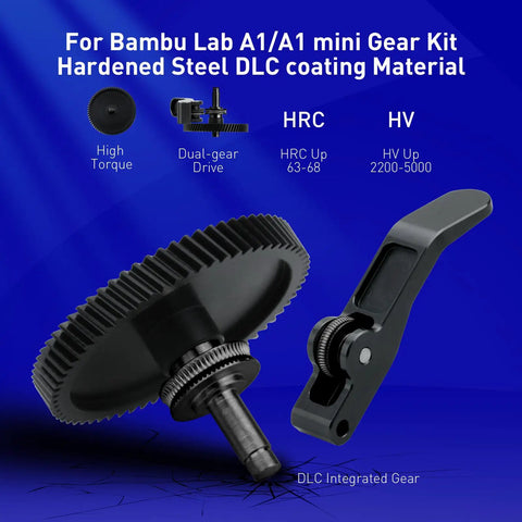 Upgrade Hardened Steel Extruder Gear Assembly for A1 Mini 3D Printer with Nano Coating, shown with gear and handle.