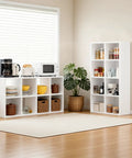 8 Cube Storage Organizer Stackable Modular Shelf for Living Room and Office fits 11 by 11 Inch bins, white, shown with items.