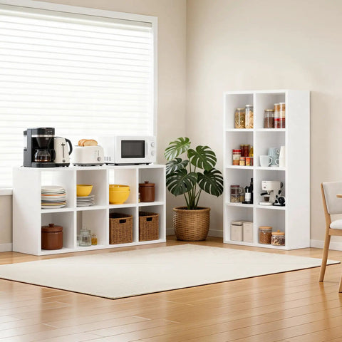 8 Cube Storage Organizer Stackable Modular Shelf for Living Room and Office fits 11 by 11 Inch bins, white, shown with items.