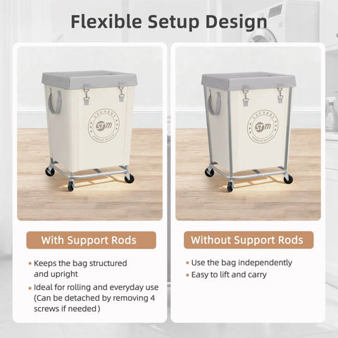 Heavy Duty Steel Frame Laundry Hamper Cart With Smooth Roll Along Wheels And Secure Pop Lid, Dang Sturdy Canvas Clothes Basket With Heaps Of Room For Big Families Or Hotels Solid Beige