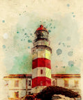 Watercolor illustration of a red and white striped lighthouse with a cloudy sky backdrop.