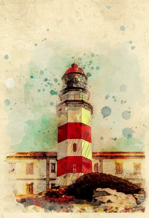 Watercolor illustration of a red and white striped lighthouse with a cloudy sky backdrop.