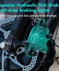 Hydraulic disk brake system on fat tire electric trike, featuring auto braking lights and robust construction, designed for safety.