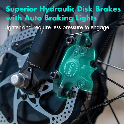 Hydraulic disk brake system on fat tire electric trike, featuring auto braking lights and robust construction, designed for safety.