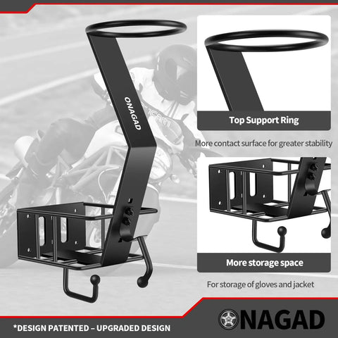 Wall Mount Helmet Rack With Gloves Tray For Motorcycle And Dirt Bike Gear showing steel construction with storage hooks.