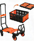 2-In-1 Folding Hand Truck Dolly With 330 Lb Capacity, Convert From Two-Wheel Dolly To Four-Wheel Flatbed Cart In Seconds, Heavy-Duty Steel Frame, Folds Flat For Easy Storage And Fast Jobsite Hauls. black and orange folding cart, flatbed, and dolly