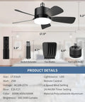 Lit Seventeen Point Five Inch Ceiling Fan Light With Remote 25W 1600 Lumens showing parts and dimensions