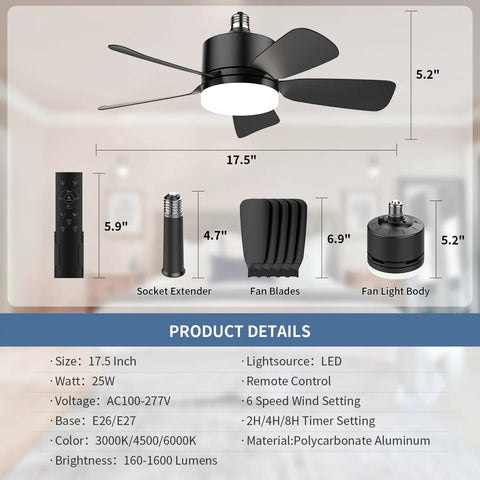 Lit Seventeen Point Five Inch Ceiling Fan Light With Remote 25W 1600 Lumens showing parts and dimensions