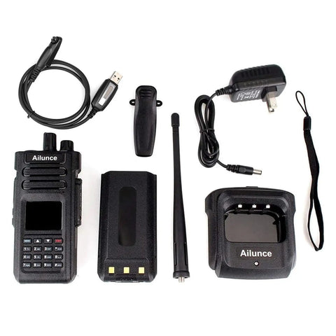 Beefed Up Dual Band DMR Analog Walkie Talkie IP67 Waterproof With 3200mAh USB C Battery, Group Call And SOS Alerts components displayed