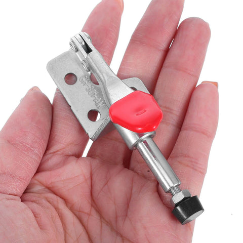4 Pack Quick-Release Toggle Clamps for Woodworking and Welding, durable PVC and iron clamp in hand, showing size and design.