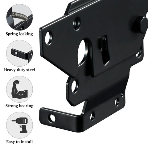 Heavy Duty Carbon Steel Fence Gate Latch for Wood and Vinyl Posts Black Powder Coated Post Mount Easy Install Includes Screws and Instructions for Rugged Outdoor Use and Long Lasting Security, black steel latch close-up