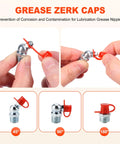 Hands demonstrating grease Zerk caps on fittings for All In One 505 Piece Grease Fittings Kit For Gearheads With Metric And SAE Zerk Assortment, including 45°, 90°, 180° positions.