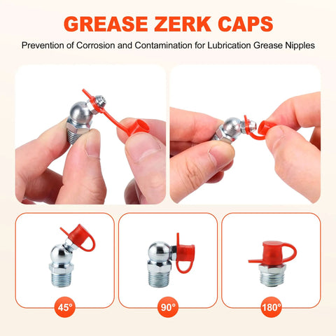 Hands demonstrating grease Zerk caps on fittings for All In One 505 Piece Grease Fittings Kit For Gearheads With Metric And SAE Zerk Assortment, including 45°, 90°, 180° positions.