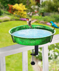 Heavy Duty Deck Mounted Bird Bath And Feeder For Patio Rails 11.5 Inch Sturdy Metal Basin with birds enjoying water.