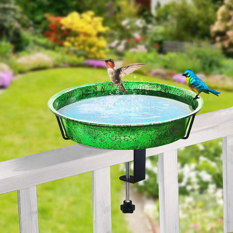 Heavy Duty Deck Mounted Bird Bath And Feeder For Patio Rails 11.5 Inch Sturdy Metal Basin with birds enjoying water.