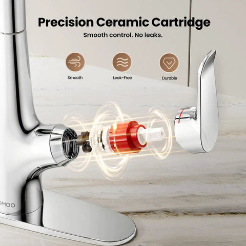 JOMOO Waterfall Pull Down Kitchen Faucet showing precision ceramic cartridge, chrome finish, for smooth leak-free control.