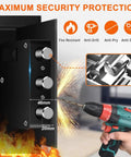 Close-up of fire-resistant and anti-drill lock mechanism on compact fireproof safe box for home with digital keypad and key lock