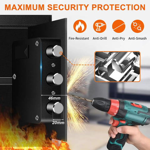 Close-up of fire-resistant and anti-drill lock mechanism on compact fireproof safe box for home with digital keypad and key lock