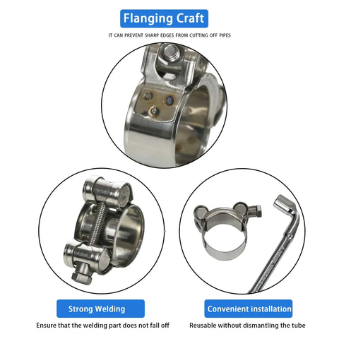 Heavy Duty T Bolt Hose Clamps Kit, 28 Piece Six Size Assortment, 304 Stainless Steel close-up of clamp assembly and installation detail