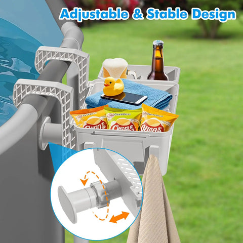 Must-Have Two Pack Poolside Storage Baskets With Cup Holders For Above Ground Pools Beige Fits 3-Inch Top Rails