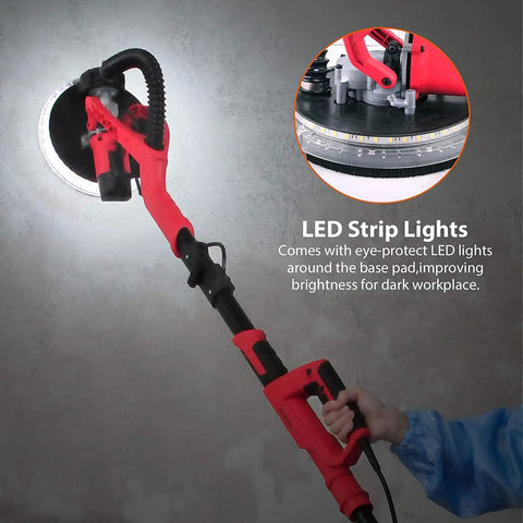 Electric Drywall Sander With Vacuum And LED Lights 750W Pro Grade Power illuminating wall, foldable handle visible