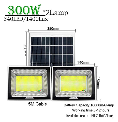 300W JUDYSSY Courtyard Light Led Solar Floodlight Outdoor with remote, solar panel and two lamps with cable.