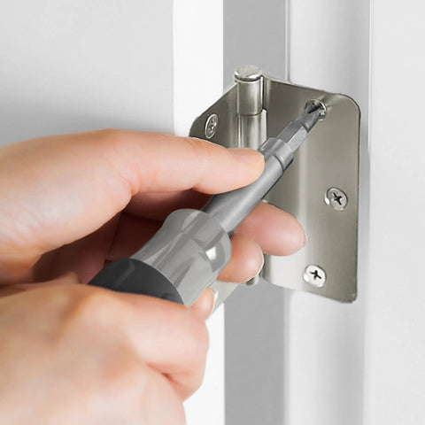 Heavy Duty Satin Nickel Door Hinge Wood Screws Number 9 X 1-1/2 Inch installation with a screwdriver on a door hinge.