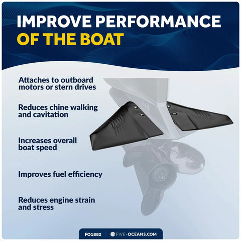 Image of a black hydrofoil for outboards, boosts boat speed and efficiency, highlights performance benefits on text.