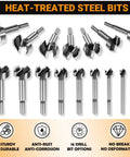 Top Shelf Forstner Bit Set With Sixteen Heavy Duty Wood Drill Bits Cutting Perfect Flat Bottom Holes On Plywood And Softwood For Cabinet Making And Garage Shop Builds Straight Up No Sweat Performance featuring heat-treated steel bits of various sizes.
