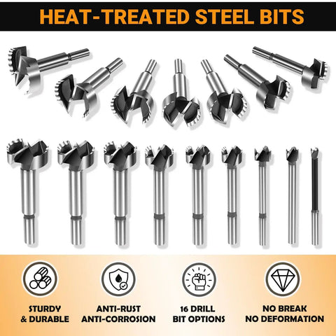 Top Shelf Forstner Bit Set With Sixteen Heavy Duty Wood Drill Bits Cutting Perfect Flat Bottom Holes On Plywood And Softwood For Cabinet Making And Garage Shop Builds Straight Up No Sweat Performance featuring heat-treated steel bits of various sizes.
