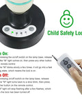 Remote control for 36W UVC Germ Busting Light Bulb with E26 Base, highlighting child safety lock feature and operational instructions.